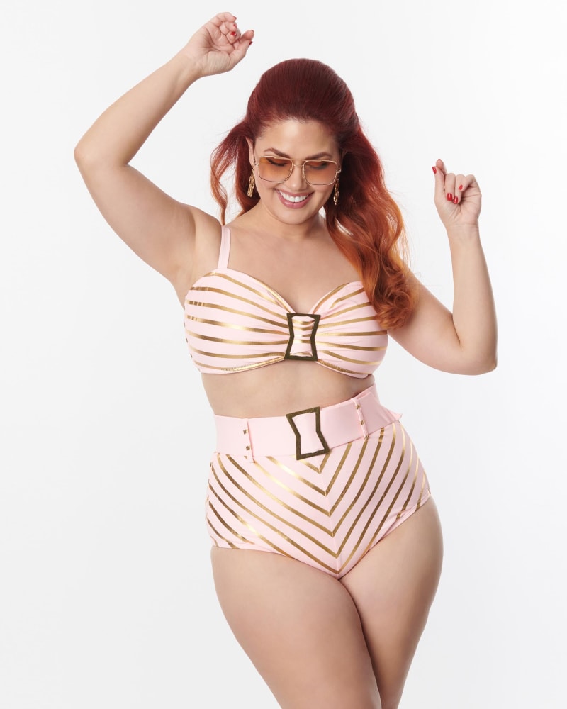 Front of a model wearing a size 3X Unique Vintage Pink & Rose Gold Chevron High Waist Belted Swim Bottom in Pink, Striped, Metallic by Unique Vintage. | dia_product_style_image_id:288340